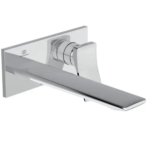 Chromene Wand-Waschtischarmatur von Ideal Standard mit eckiger Rosette und einem langen, flachen Auslauf. Montage an der Wand.